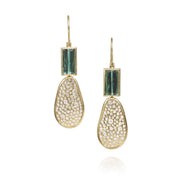 Todd Reed Dangle earrings with tourmaline (6.6ctw) and white brilliant cut diamonds (1.31ctw) in 18k yellow gold.